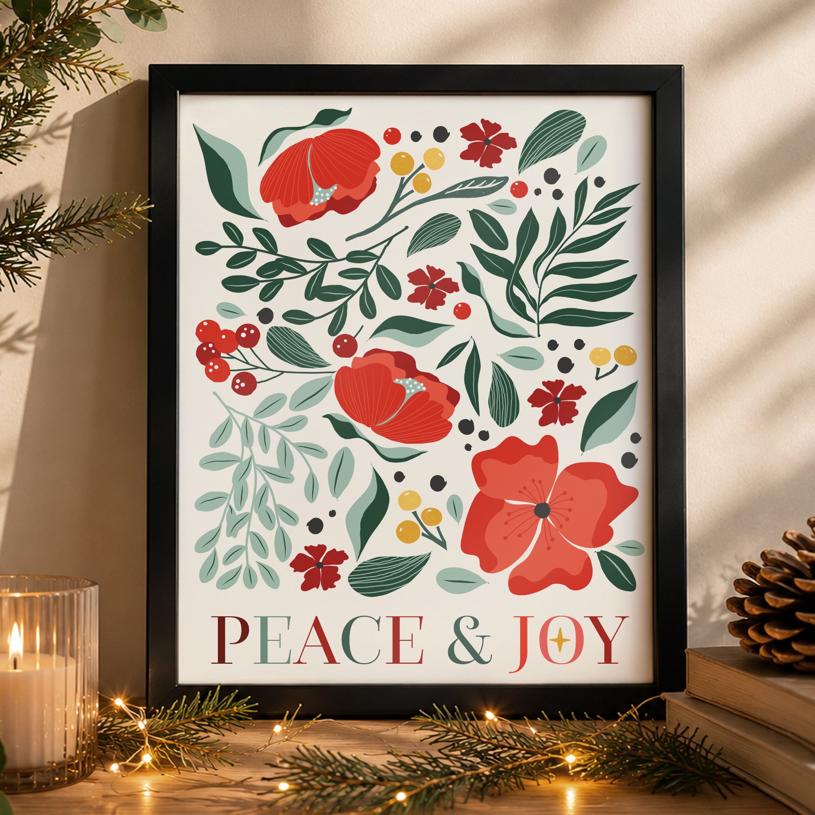 Personalised Christmas Poinsettia Design 'Peace & Joy' Black Framed Poster - Image 4