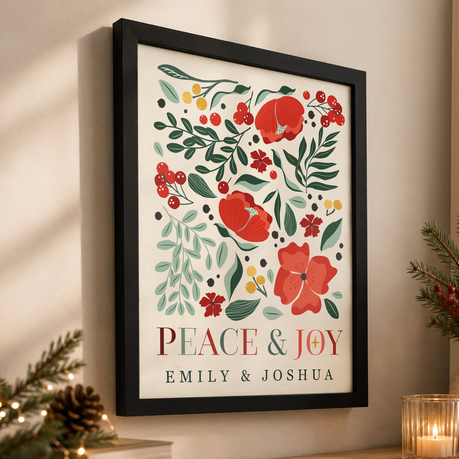 Personalised Christmas Poinsettia Design 'Peace & Joy' Black Framed Poster - Image 5