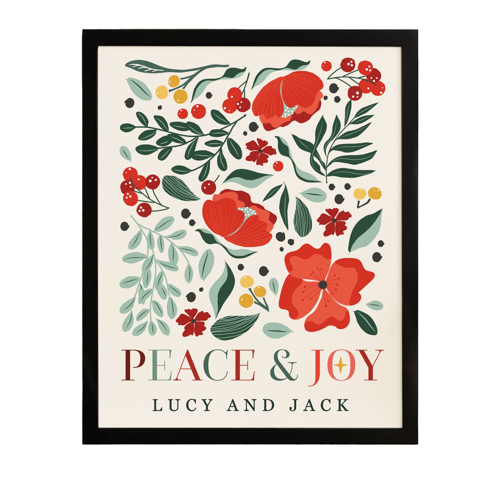 Personalised Christmas Poinsettia Design 'Peace & Joy' Black Framed Poster - Image 6