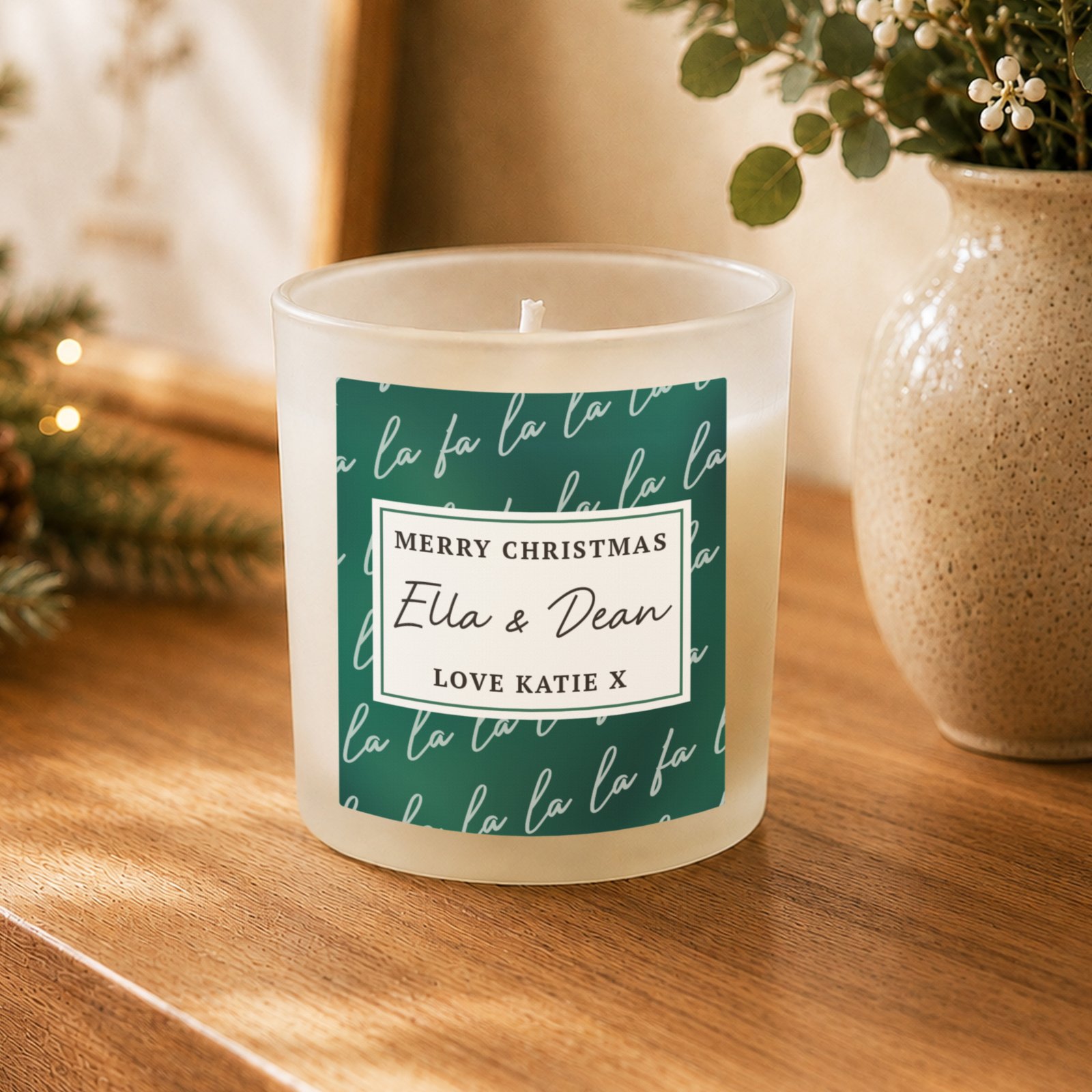 Personalised 'Fa La La' Christmas Scented Frosted Glass Jar Candle - Image 3