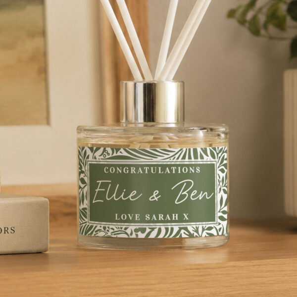 Personalised Any Message Green Botanical Design Glass Reed Diffuser