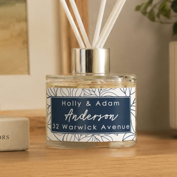 Personalised Any Message Blue Botanical Design Glass Reed Diffuser