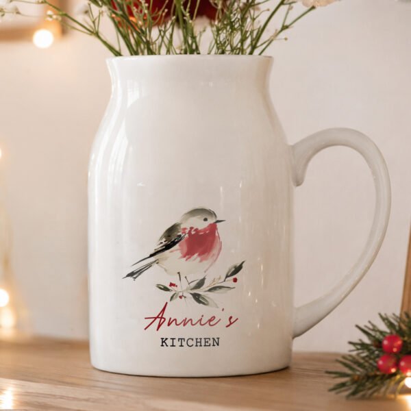 Personalised Christmas Robin Motif Design White Ceramic Jug Vase