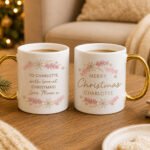 Personalised 'Merry Christmas' Pink & Gold Wreath Design Gold Handled Ceramic Mug - Image 2