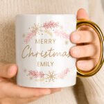 Personalised 'Merry Christmas' Pink & Gold Wreath Design Gold Handled Ceramic Mug - Image 3