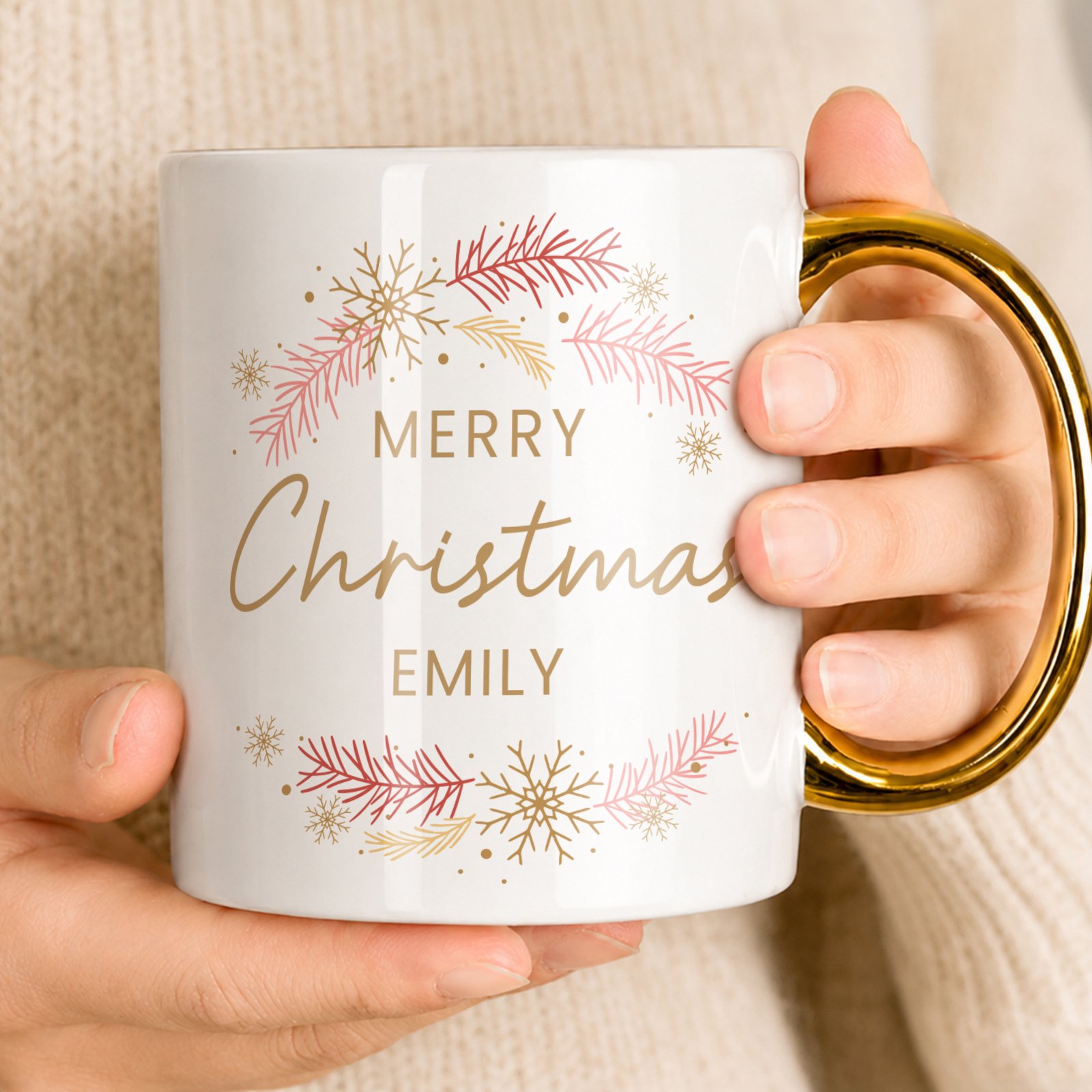 Personalised 'Merry Christmas' Pink & Gold Wreath Design Gold Handled Ceramic Mug - Image 3