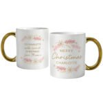 Personalised 'Merry Christmas' Pink & Gold Wreath Design Gold Handled Ceramic Mug - Image 4