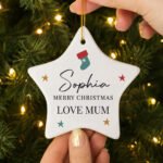 Personalised Stocking & Stars Design Hanging Ceramic Star Christmas Decoration - Image 2