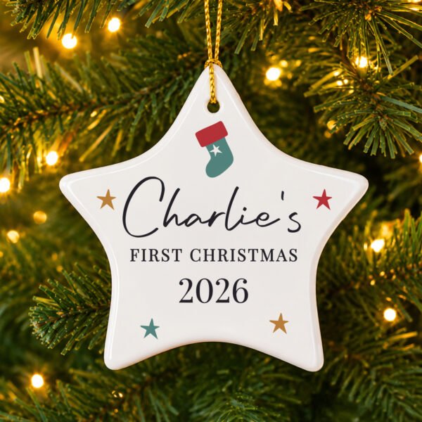 Personalised Stocking & Stars Design Hanging Ceramic Star Christmas Decoration