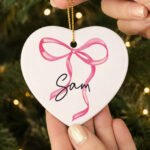 Personalised Pink Bow Motif Ceramic Heart Decoration - Image 2