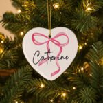Personalised Pink Bow Motif Ceramic Heart Decoration - Image 3