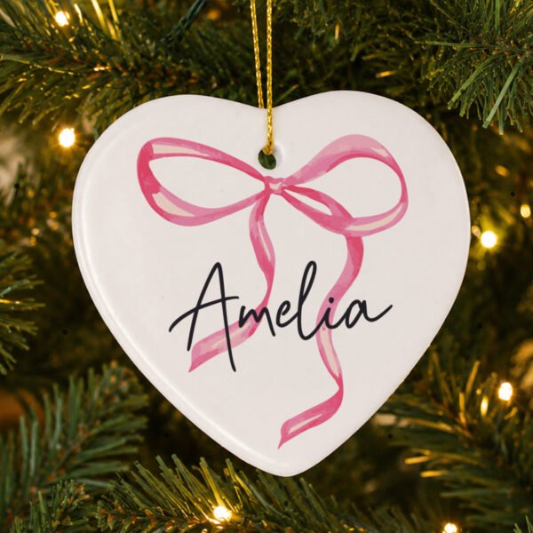 Personalised Pink Bow Motif Ceramic Heart Decoration