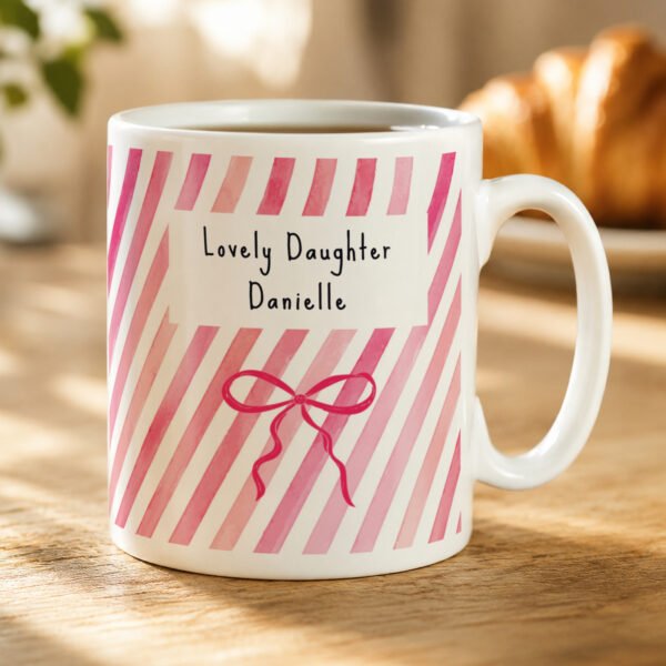 Personalised Pink Stripes & Bow Design Ceramic Mug