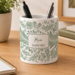 Personalised Green Botanical Leaves Design White Ceramic Storage Pot