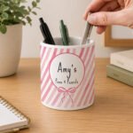 Personalised Pink Stripes & Bow Design White Ceramic Storage Pot - Image 2