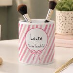 Personalised Pink Stripes & Bow Design White Ceramic Storage Pot - Image 3