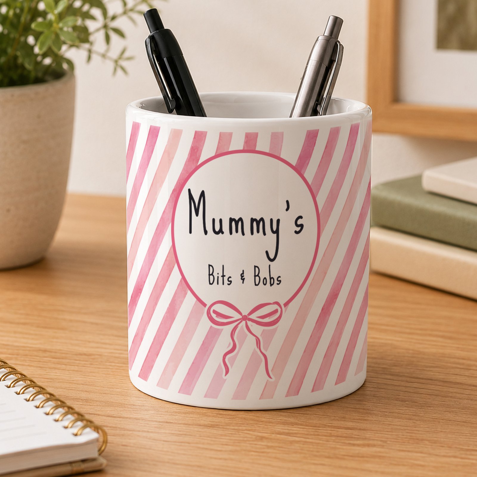P0805Q07 Personalised Pink Stripes & Bow Design White Ceramic Storage Pot Personalised Pink Stripes & Bow Design White Ceramic Storage Pot - Image 1