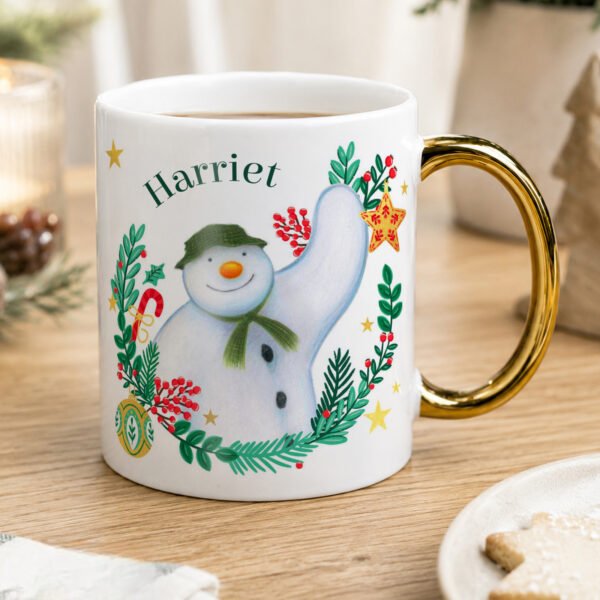 Personalised The Snowman Christmas Wishes Gold Handled Ceramic Mug