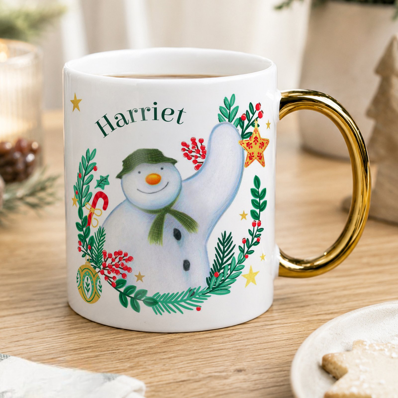 P0805Q09 Personalised The Snowman Christmas Wishes Gold Handled Ceramic Mug Personalised The Snowman Christmas Wishes Gold Handled Ceramic Mug - Image 1
