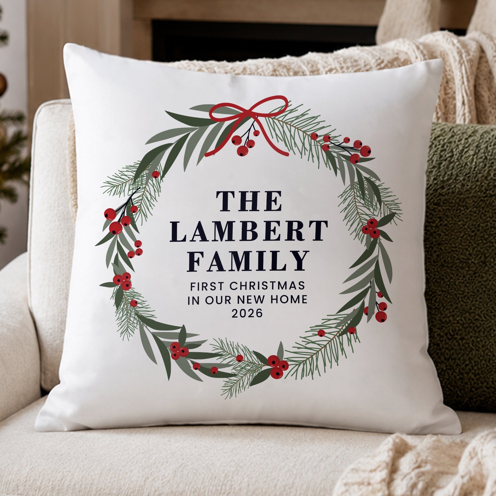 P0810B88 Personalised Green Christmas Wreath Design Filled Cushion Personalised Green Christmas Wreath Design Filled Cushion - Image 1