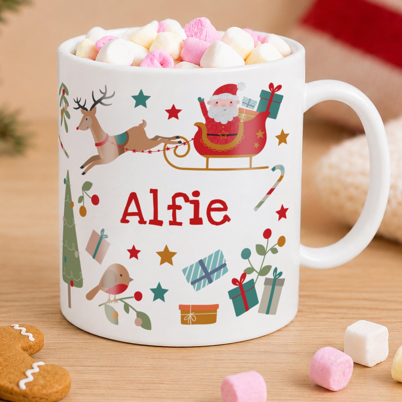 P0813C48_Personalised_Childrens_Christmas_Characters_Design_Plastic_Mug Personalised Children's Christmas Characters Design Plastic Mug - Image 1
