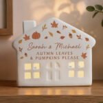 Personalised Autumnal Leaves Design Ceramic LED Light-up House Ornament