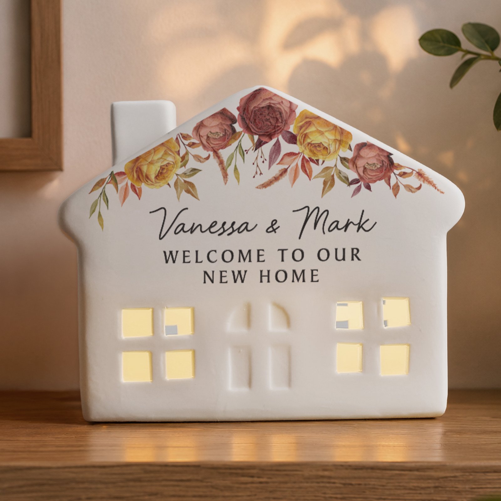 P100564 Personalised Floral Autumnal Design Ceramic LED Light-up House Ornament Personalised Floral Autumnal Design Ceramic LED Light-up House Ornament - Image 1