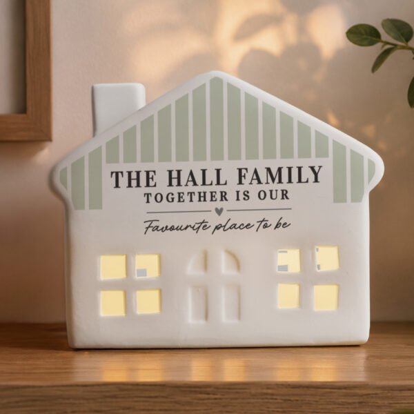 Personalised Green Stripes Design Ceramic LED Light-up House Ornament
