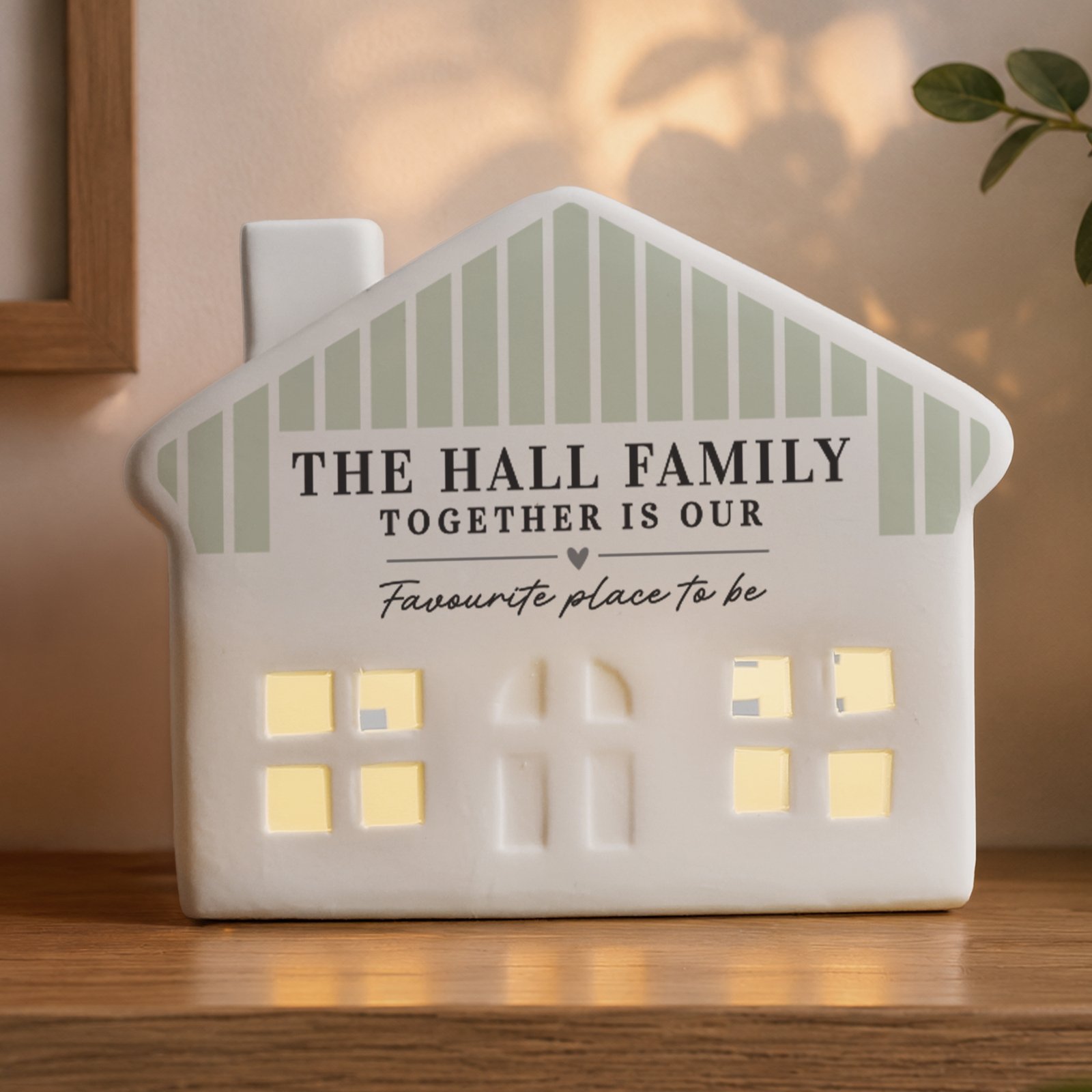 P100565 Personalised Green Stripes Design Ceramic LED Light-up House Ornament Personalised Green Stripes Design Ceramic LED Light-up House Ornament - Image 1