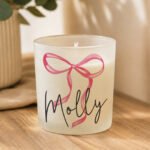 Personalised Pink Bow Motif Scented Frosted Glass Jar Candle