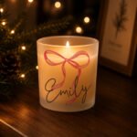 Personalised Pink Bow Motif Scented Frosted Glass Jar Candle - Image 2