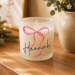 Personalised Pink Bow Motif Scented Frosted Glass Jar Candle - Image 3