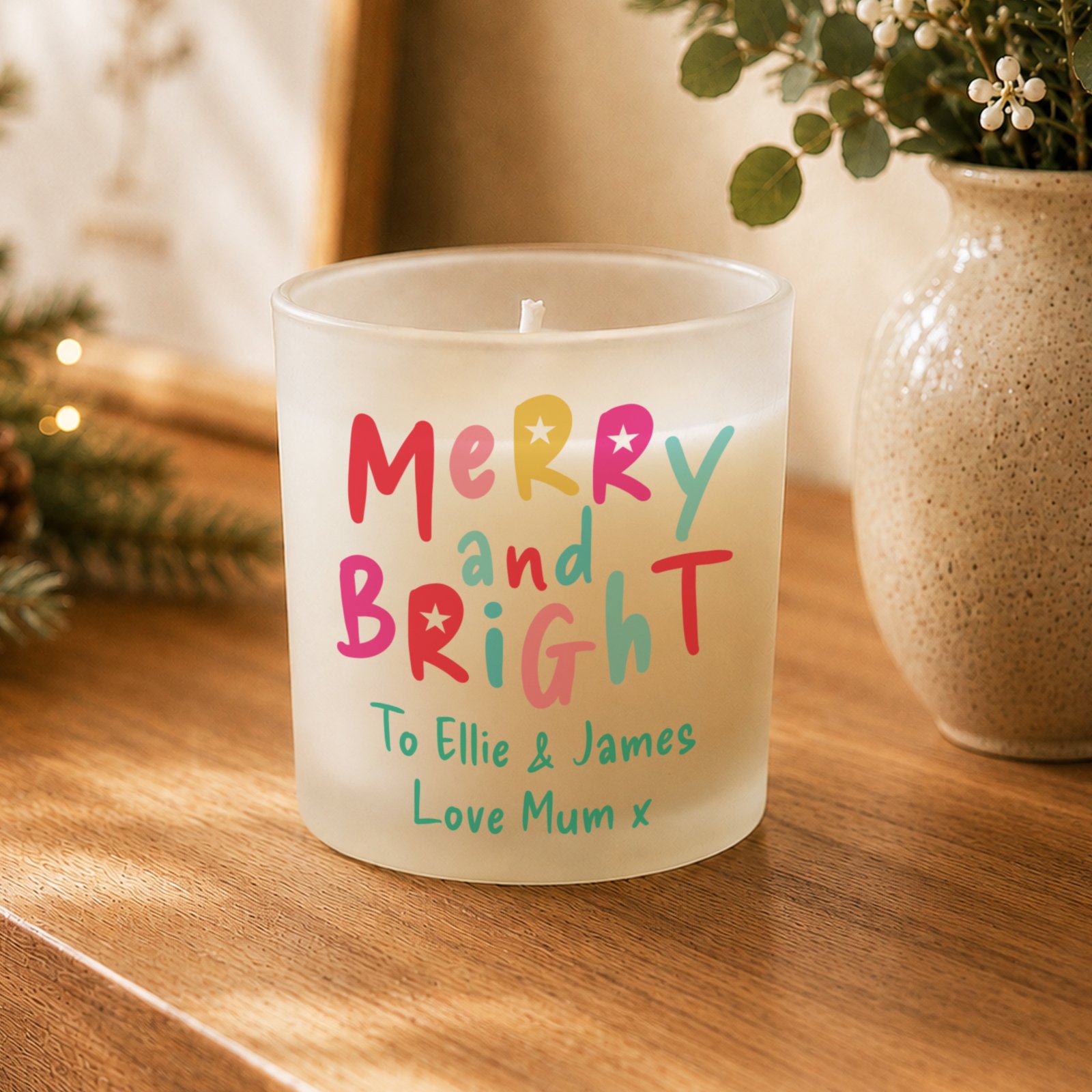 Personalised 'Merry and Bright' Christmas Scented Frosted Glass Jar Candle - Image 3