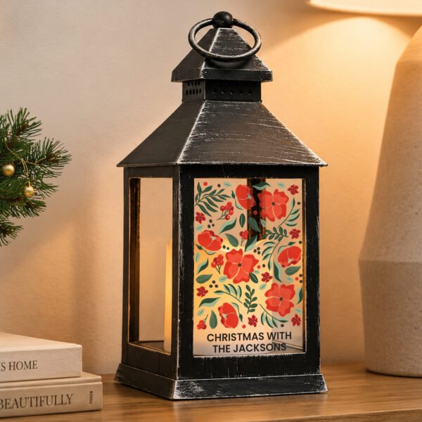 Personalised Christmas Poinsettia Design Rustic Black Plastic Light-up Lantern