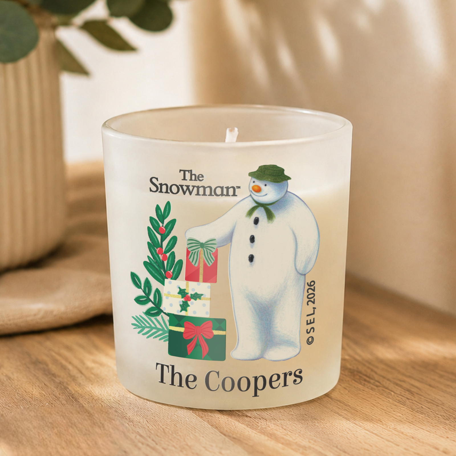 P1007G45 Personalised The Snowman Christmas Wishes Scented Frosted Glass Jar Candle Personalised The Snowman Christmas Wishes Scented Frosted Glass Jar Candle - Image 1