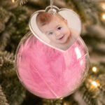 Personalised Photo Upload Pink Feather Glass Christmas Bauble