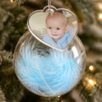 Personalised Photo Upload Blue Feather Glass Christmas Bauble