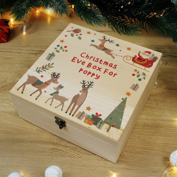 Personalised Santa & Reindeer Design Large Wooden Christmas Eve Box
