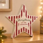 Personalised Candy Cane Stripes Design Christmas Rustic Wooden Star Decoration - Image 3