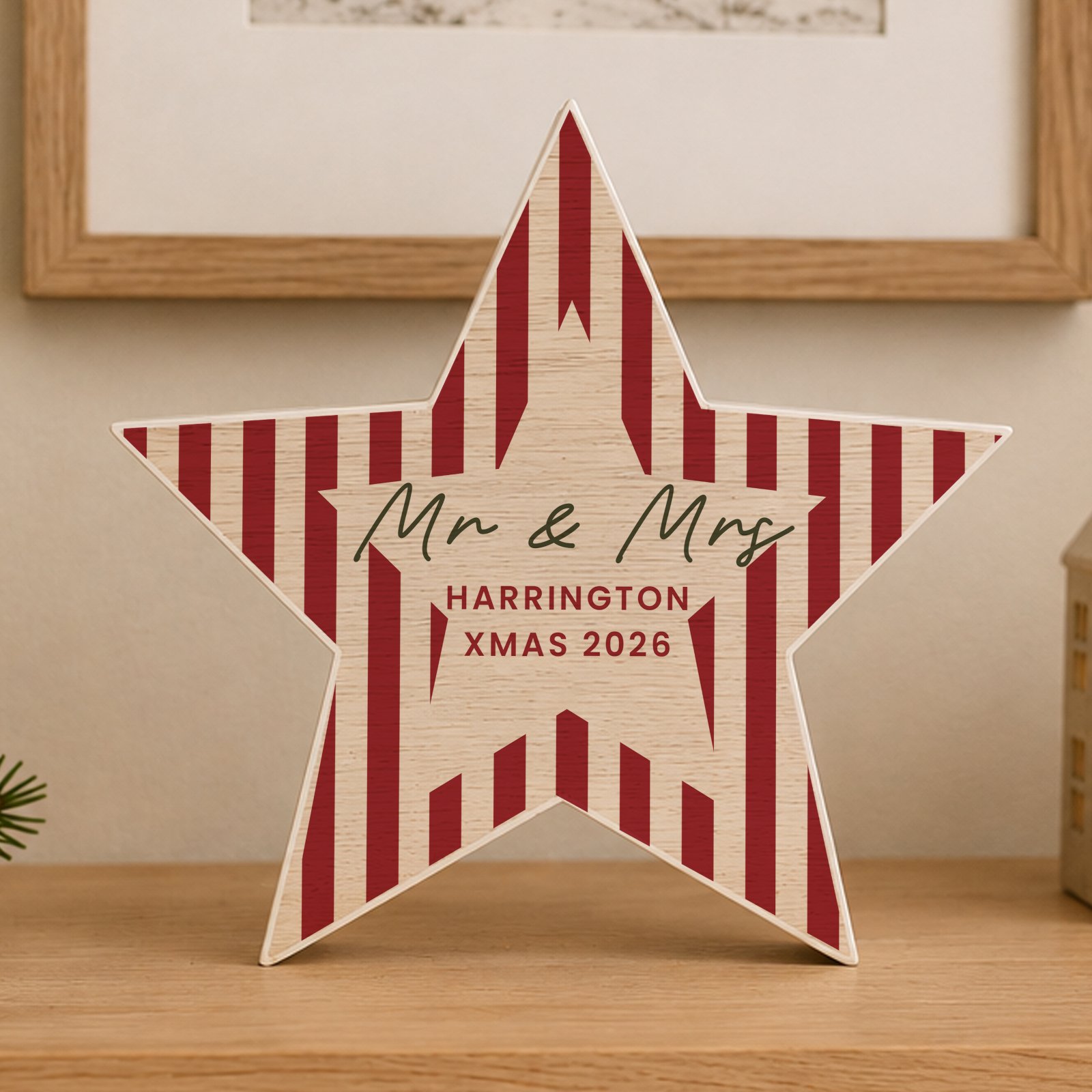 P1011J12 Personalised Candy Cane Stripes Design Christmas Rustic Wooden Star Decoration Personalised Candy Cane Stripes Design Christmas Rustic Wooden Star Decoration - Image 1
