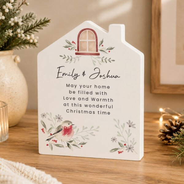 Personalised Any Message Robin Motif Christmas Wooden House Ornament