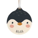 Personalised Cartoon Penguin Round Wooden Christmas Bauble - Image 3