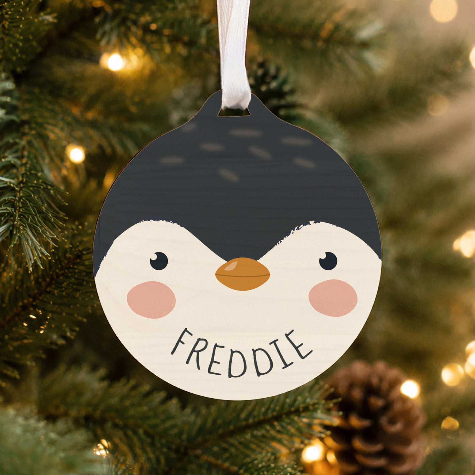P1011J23 Personalised Cartoon Penguin Round Wooden Christmas Bauble Personalised Cartoon Penguin Round Wooden Christmas Bauble - Image 1