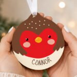 Personalised Cartoon Robin Round Wooden Christmas Bauble - Image 2