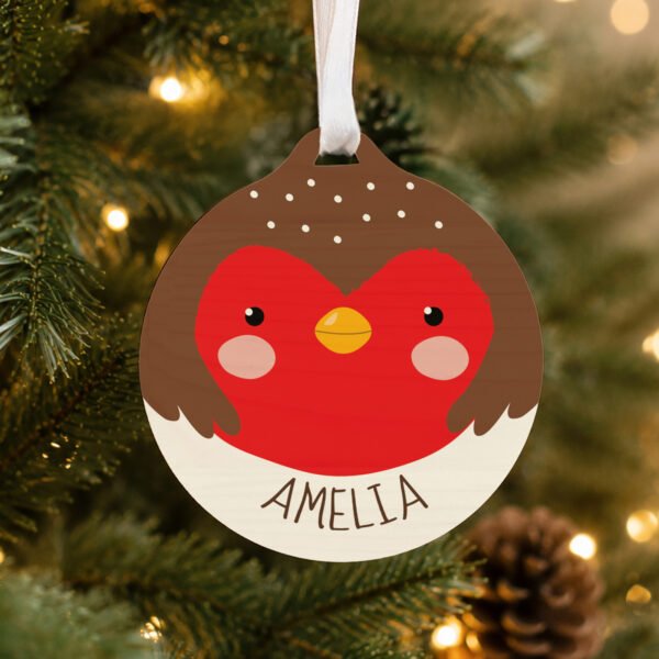 Personalised Cartoon Robin Round Wooden Christmas Bauble