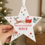 Personalised Santa & Reindeer Design Wooden Star Christmas Decoration - Image 2