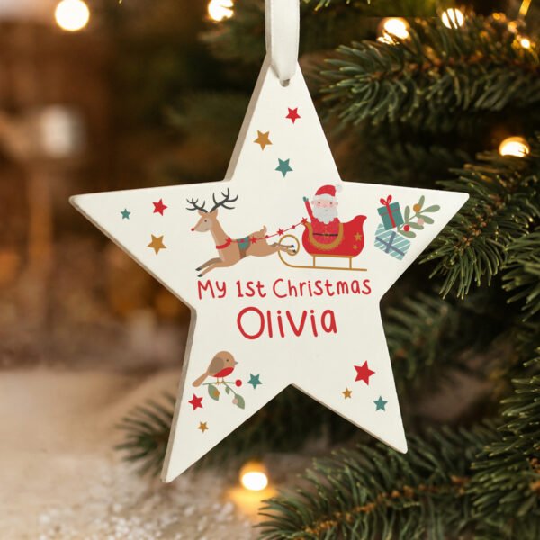 Personalised Santa & Reindeer Design Wooden Star Christmas Decoration
