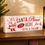 Personalised 'Santa Please Stop Here' Christmas Wooden Mantel Block