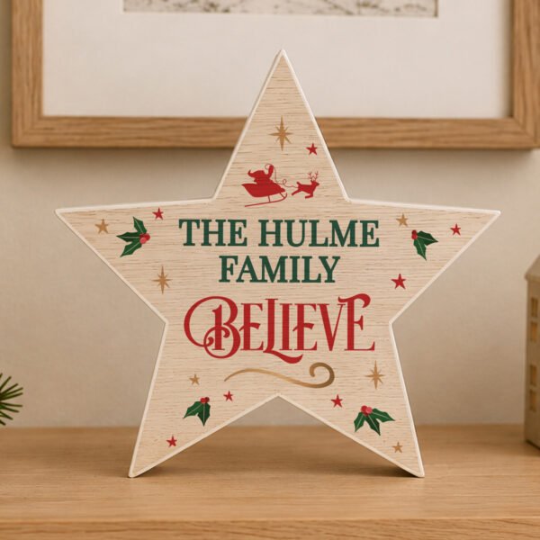Personalised 'Believe' Christmas Rustic Wooden Star Decoration