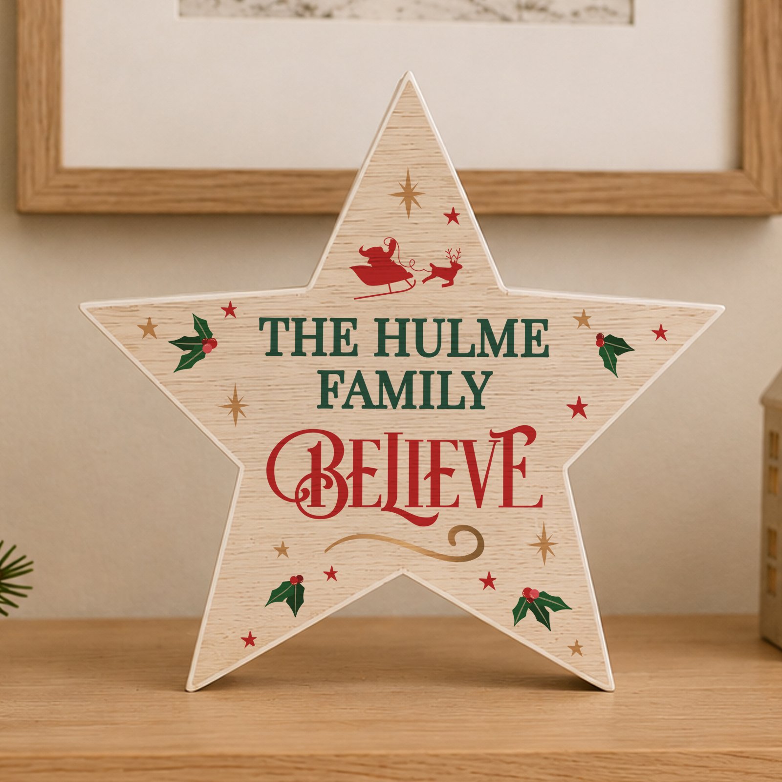 P1011J37_Personalised_Believe_Christmas_Rustic_Wooden_Star_Decoration Personalised 'Believe' Christmas Rustic Wooden Star Decoration - Image 1